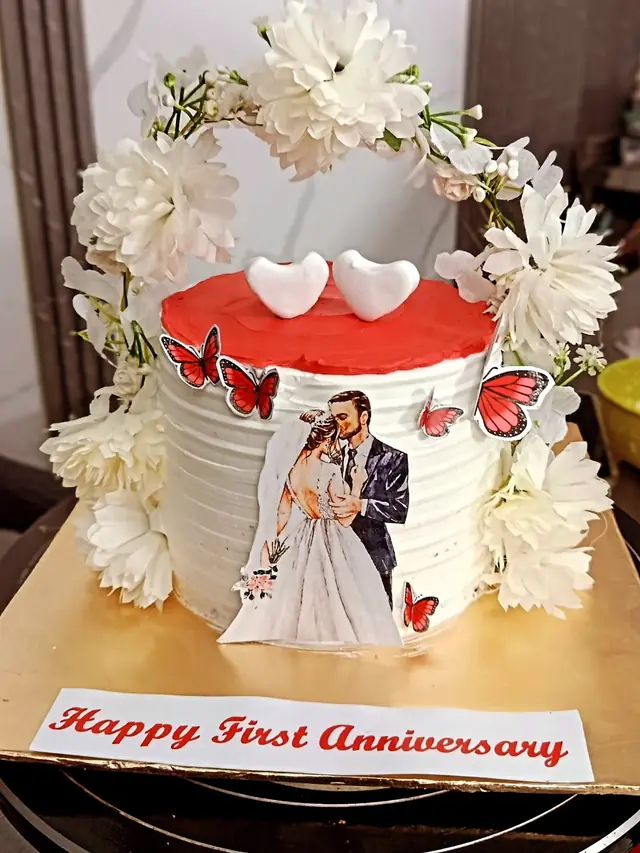 First Anniversary: Couple portrait, heart wall